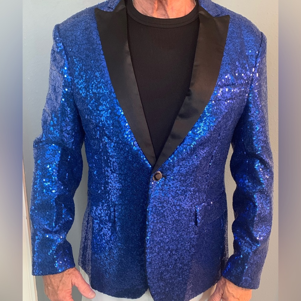 Men's Blue Sequin Blazer with Black Lapel